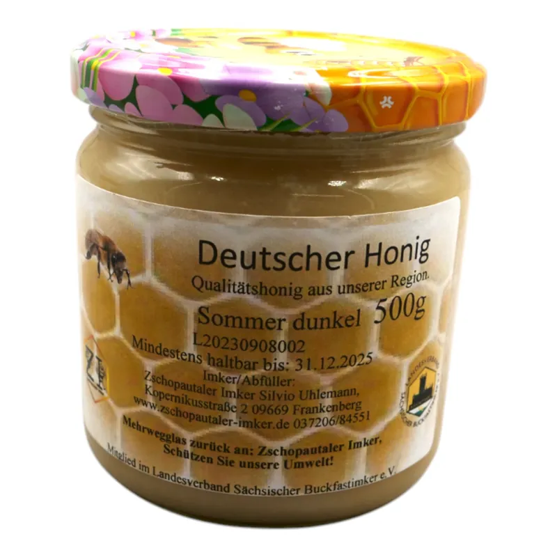 Bienenhonig aus eigener Imkerei, Sommertracht im 500g Glas Markenprodukt