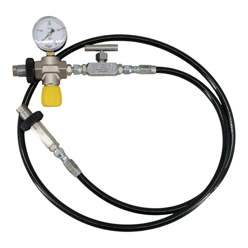 Oxygen-Compatible Transfer Hose up to 315 bar with Analog Pressure Gauge, Needle Valve, and Non-Return Valve Abverkauf