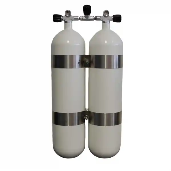 Faber Doppelgerät 2x7L Stahlflasche 200bar - weiß- Absperrbrücke - V 4 Tec Schellen - Abstand 14mm Neu