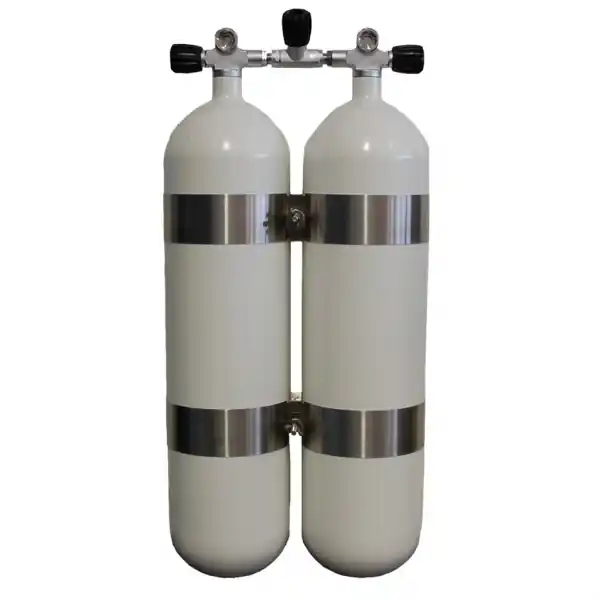 Sonderangebot Faber Doppelgerät 2x7L Stahlflasche 200bar - weiß- Absperrbrücke - V 4 Tec Schellen - Abstand 40mm