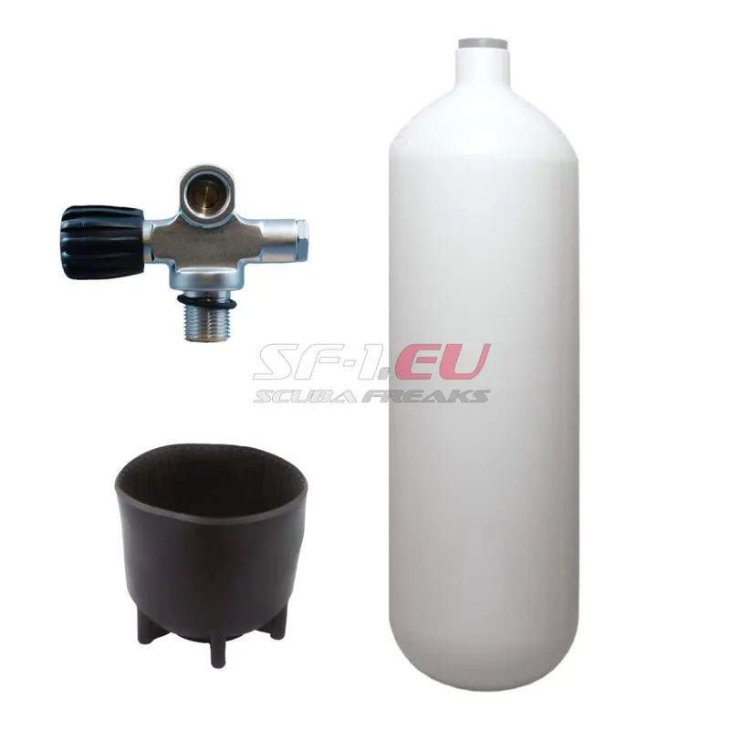 Direktkauf 5 l konvex 232 bar Stahlflasche weiß ECS mit Brückenventil (Rubber Knob links) und Standfuß