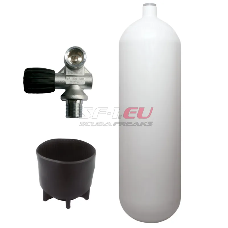 Geprüft 10 l konvex 300 bar Stahlflasche weiß ECS mit Monoventil (Rubber Knob links), Fuss