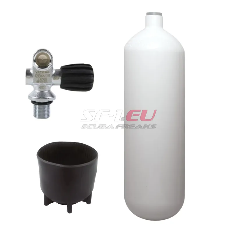 Preisreduziert 5 l konvex 232 bar Stahlflasche weiß ECS mit Monoventil (Rubber Knob rechts) und Standfuß