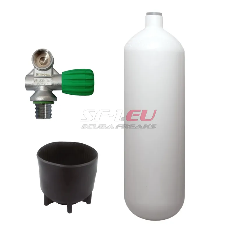 5 l konvex 232 bar Stahlflasche weiß ECS mit Nitrox Monoventil (Rubber Knob rechts) und Standfuß Abverkauf
