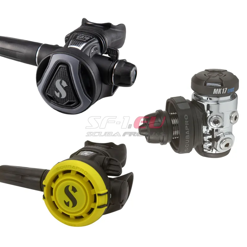 Neue Kollektion Scubapro MK17 EVO2 Atemreglerset mit 2. Stufe und Octopus nach Wahl - Gummi 75 & 100 cm