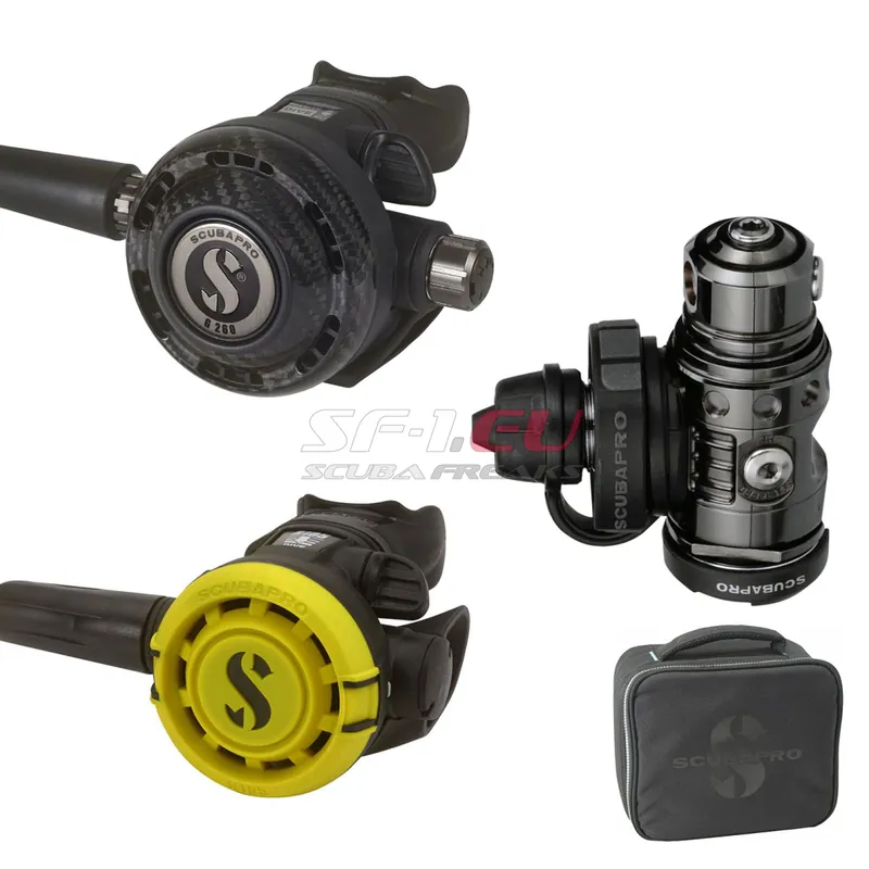 Scubapro MK19 EVO Black Tech Atemreglerset aus MK19 EVO DIN mit G260 Carbon und R105 Octo - Gummi 75 & 100 cm Neu
