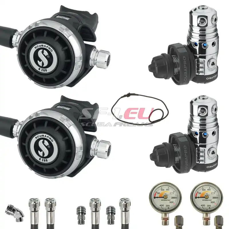 Zertifiziert Scubapro MK25 EVO - G260 Sidemount Set DIN - Gummi schwarz - Gummi Inflator - SPG 45 weiß 0-400 bar