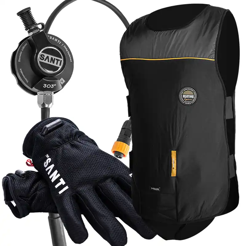 Aktuell SANTI Premium Set + (Heizweste + Heizhandschuhe + Thermovalve 303) Größe Handschuhe XS (6), passend für Apeks Ventile, Größe Weste XS