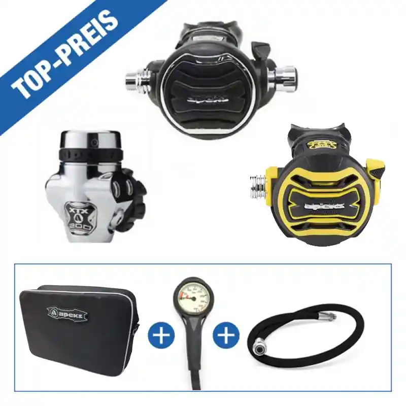 Echt TOP-SET Apeks Atemregler Set XTX 200 / 40 DIN inkl. Octopus, Tasche, Finimeter, Inflatorschlauch