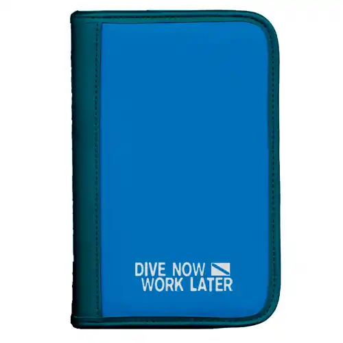 Billig Taucherlogbuch sub-book - Farbe blau - Motiv Dive now - work later